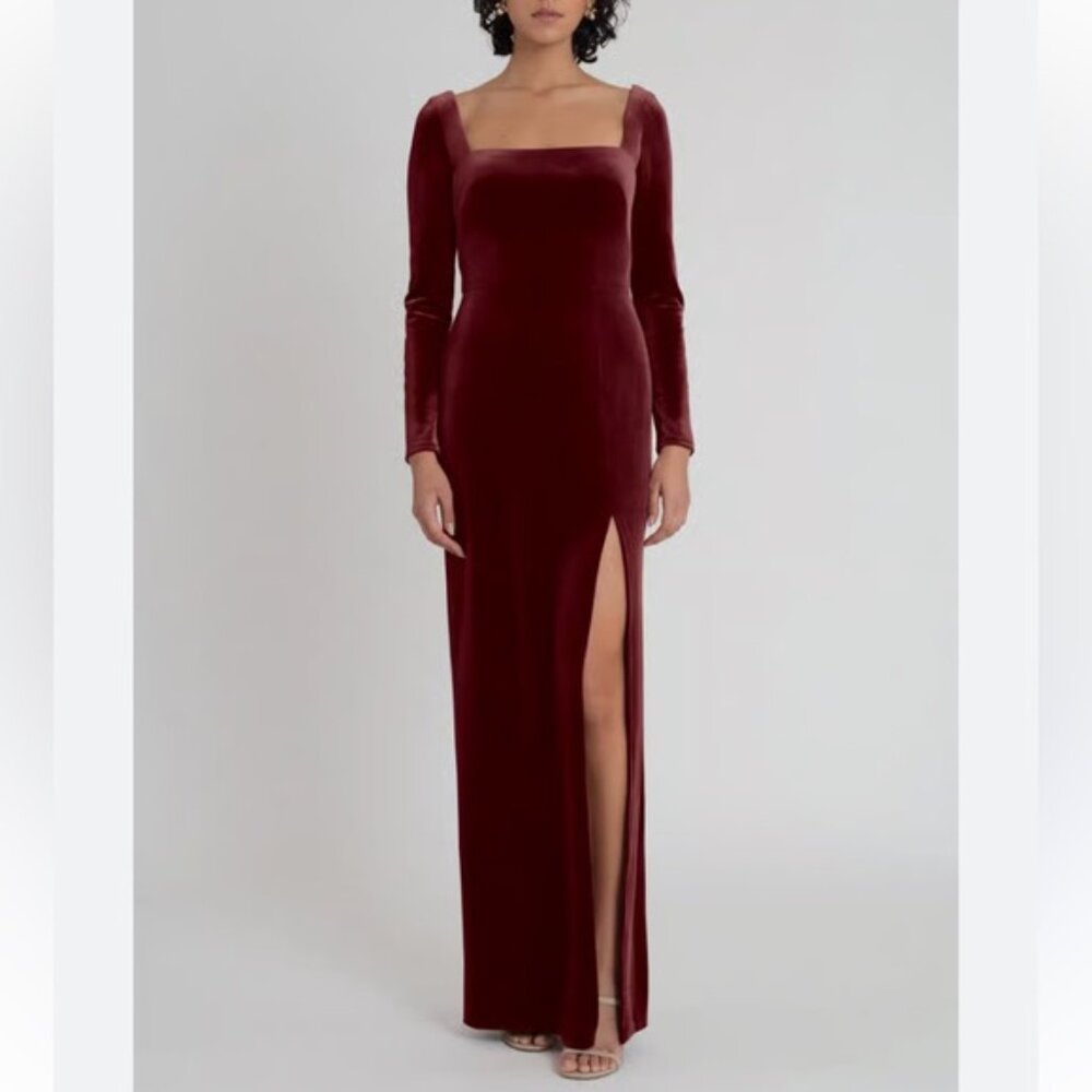 Jenny Yoo Red Velvet Square Neckline Long Sleeve Leg Slit Maxi Dress Size 12